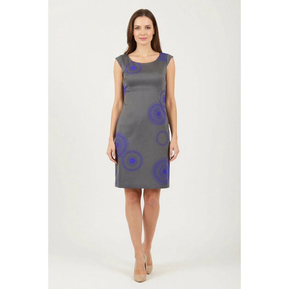 Boden RETIRED Grey Embroidered Sheath Dress Cotton Blend Size 6R Beautiful!